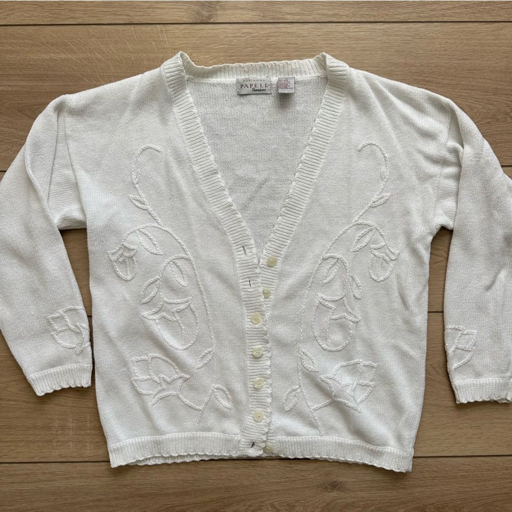 Vintage Ivory Floral Embroidered Ramie Cotton Cardigan Adrianna Papell